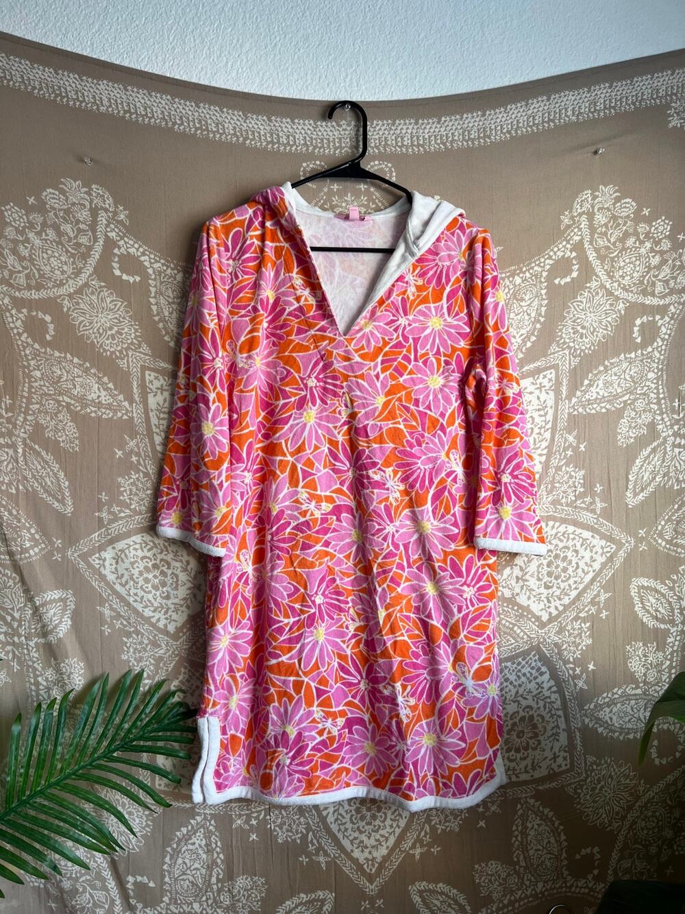 Lilly Pulitzer Pink Orange Floral Terry Hooded Beach Cover-Up Tunic Size M